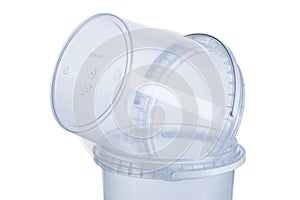 Transparent plastic bucket with transparent lid - 1000 ml, plastic containers on white background- , food plastic box isolated on