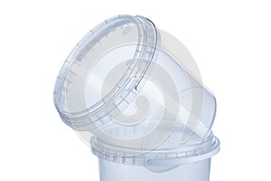 Transparent plastic bucket with transparent lid - 1000 ml, plastic containers on white background- , food plastic box isolated on