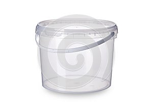 Transparent plastic bucket with transparent lid, plastic containers on white background, food plastic box isolated on white, produ