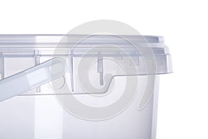 Transparent plastic bucket with transparent lid, plastic containers on white background, food plastic box isolated on white, produ