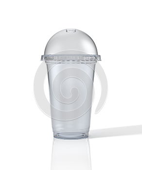 Transparent plastic cup with dome lid.