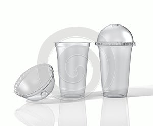 Transparent plastic cups with dome lids. 3D Illustration