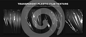 Transparent plastic film texture, stretchable polyethylene film, A4 size. Plastic stretch film effect with crumpled and wrinkled