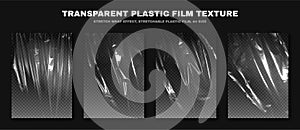 Transparent plastic film texture, stretchable polyethylene film, A4 size. Plastic stretch film effect with crumpled and wrinkled