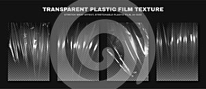 Transparent plastic film texture, stretchable polyethylene film, A4 size. Plastic stretch film effect with crumpled and wrinkled