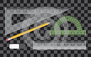 Transparent plastic ruler set. Measuring tool,pencil and eraser. Vector school supplies.