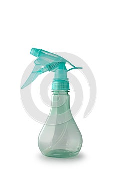 Transparent plastic spray bottle isolated on white background. The container is turquoise