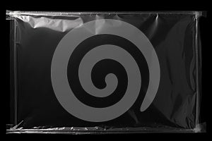 Transparent plastic wrap overlay on black background. Horizontal stretched polyethylene cover
