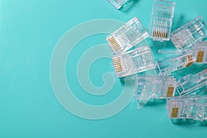 Transparent plug ethernet rj-45 connector to connect to the Internet isolated background.