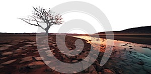 transparent PNG. a dry lake. a dry river. cracked ground. dry tree. sunset heat. barren landscape. small creek.