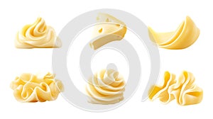 Various forms of cheese on a white background in a studio shot