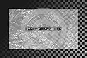 Transparent polyethylene film. Crumpled plastic wrap. Realistic cellophane texture on transparent background. Design element