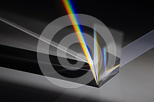 Transparent prism dispersing sunlight splitting into a spectrum on a white background