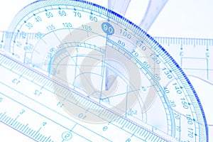 Transparent protractor, ruler and square