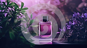 Transparent purple glass perfume bottle mockup with plants on background. Eau de