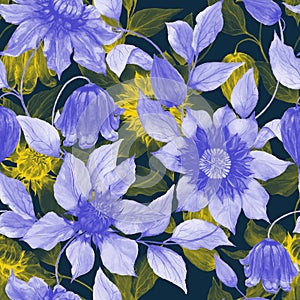 Transparent purple and yellow clematis flowers on climbing twigs against dark background. Seamless floral pattern.