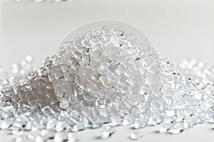 Transparent PVC granulate, recycled plastic granules, biodegradable plastic. Granules of eco-friendly plastic raw