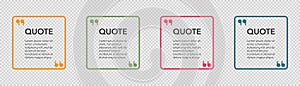 Transparent quote frames. Quotation box with commas sign. Isolated template of quot box. Orange and green quoting frame. Square