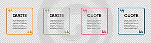 Transparent quote frames. Quotation box with commas sign. Isolated template of quot box. Orange and green quoting frame. Square photo