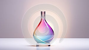 Transparent rainbow glass perfume bottle mockup on pedestal with minimalist
