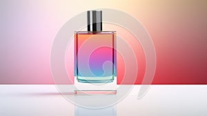 Transparent rainbow glass perfume bottle mockup on pedestal with minimalist