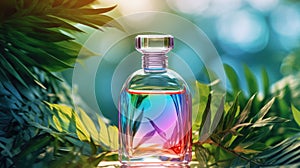 Transparent rainbow glass perfume bottle mockup with plants on background. Eau