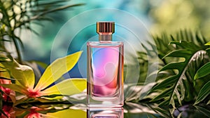 Transparent rainbow glass perfume bottle mockup with plants on background. Eau