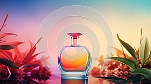 Transparent rainbow glass perfume bottle mockup with plants on background. Eau