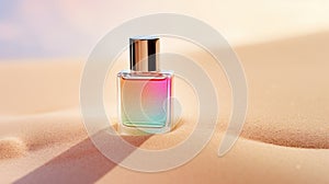 Transparent rainbow glass perfume bottle mockup with sandy background. Eau de