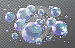 Transparent rainbow soap, 3d flying balls. Color water realistic objects isolated on black, blue circle air drops
