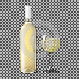 Transparent realistic bottle for white wine with glass on plaid background. Vector