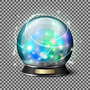 Transparent realistic bright glowing crystal ball for fortune tellers. on plaid background with reflection