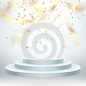 Transparent realistic effect golden shiny confetti flying. Round podium with lights for event or award ceremony. EPS 10
