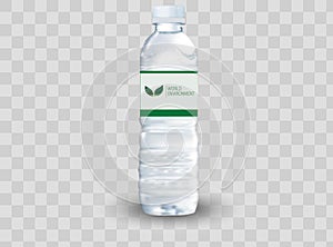 Transparent realistic vector blue plastic bottle with water on light background.