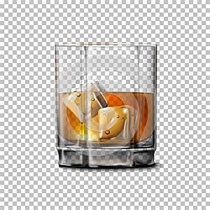 Transparent realistic Vector glass with smokey Scotch Whiskey and ice .