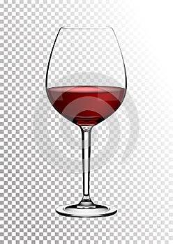 Transparent realistic vector wineglass full of red wine rich dark ruby burgundy color. Illustration in photorealistic