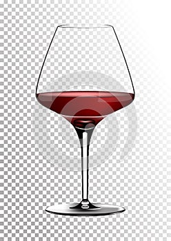 Transparent realistic vector wineglass full of red wine rich dark ruby burgundy color. Illustration in photorealistic
