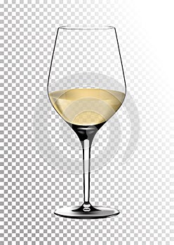 Transparent realistic vector wineglass full of white wine with bright saturated straw colored amber. Illustration in