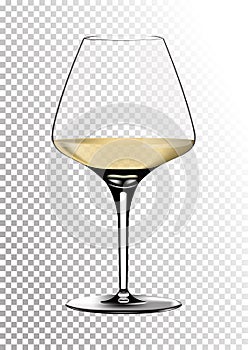 Transparent realistic vector wineglass full of white wine with bright saturated straw colored amber. Illustration in