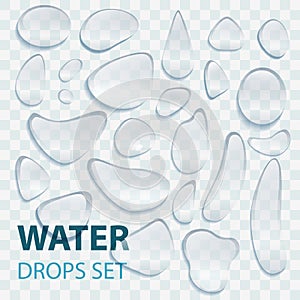 Transparent realistic water drop set on transparent light gray background, vector illustration. EPS 10.