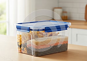 A transparent rectangular plastic container with a blue lid is filled