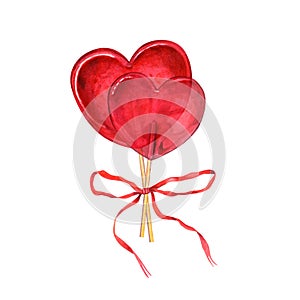 Transparent red caramel in the shape of heart decorated with red ribbon. Bouquet of candies, bonbons, lollipop, sugar caramels on