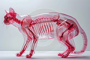 Transparent Red Cat Anatomy Model on White Background Illustrating Feline Skeletal System and Internal Organs