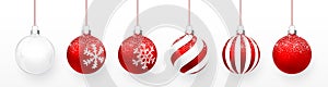 Transparent and Red Christmas ball with snow effect set. Xmas glass ball on white background. Holiday decoration template. Vector
