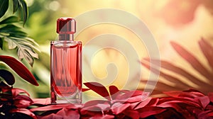 Transparent red glass perfume bottle mockup with plants on background. Eau de