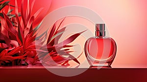 Transparent red glass perfume bottle mockup with plants on background. Eau de