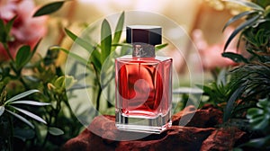 Transparent red glass perfume bottle mockup with plants on background. Eau de