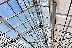 Transparent roof of contemporary greenhouse under bright sky