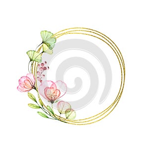 Transparent Rose golden glitter round frame with place for text. Watercolor hand painted illustration. Circular