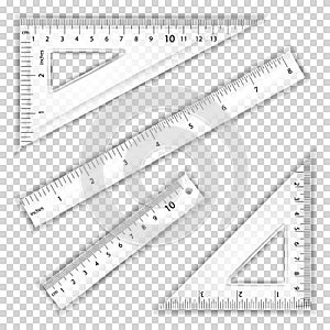 Transparent Ruler And Triangles Vector. Centimeter And Inch. Measure Tool Equipment Illustration. Several Instruments